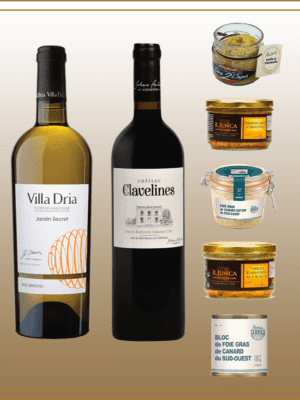 coffret platine avec deux bouteilles de vins et des terrines